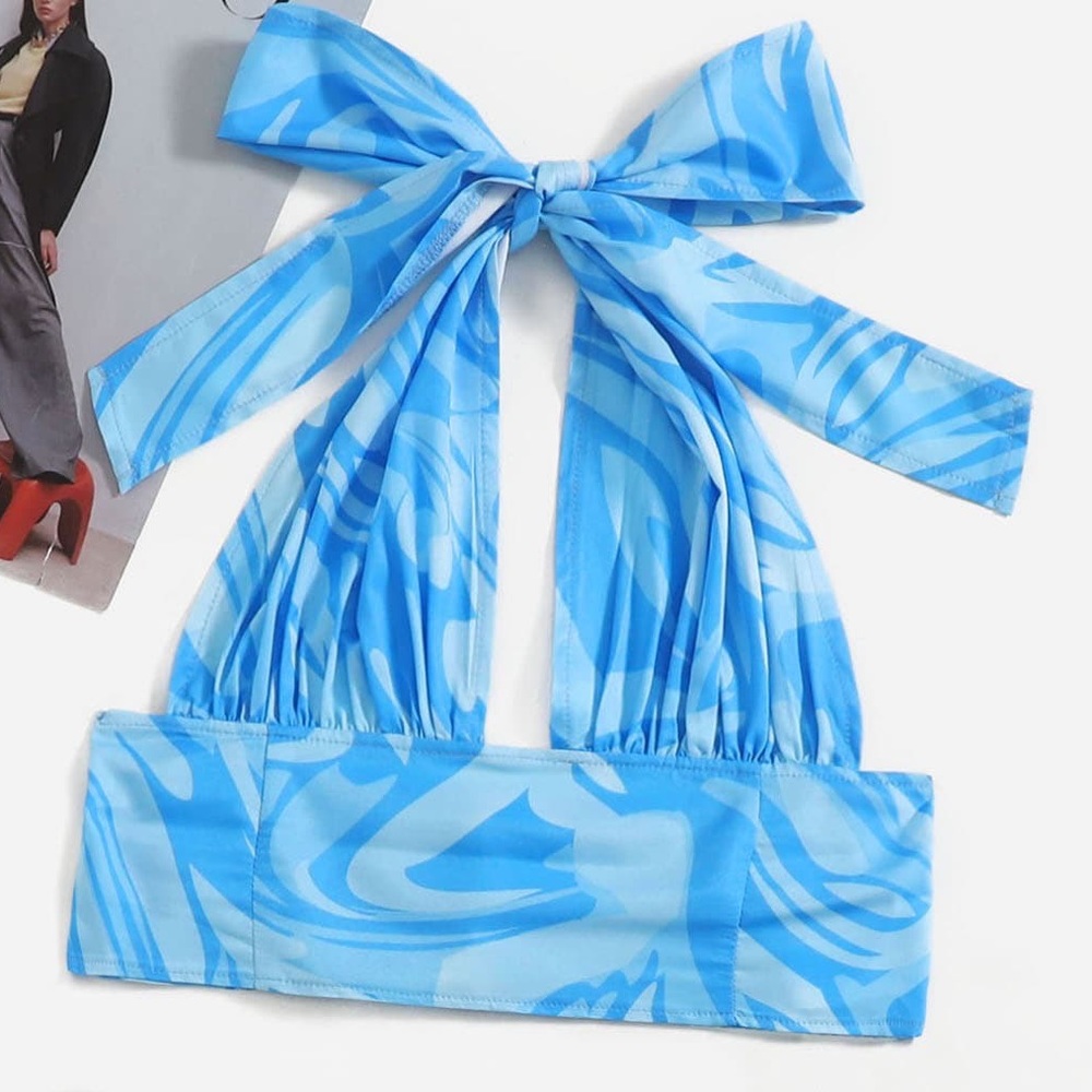 Striped tied backless blue halter top